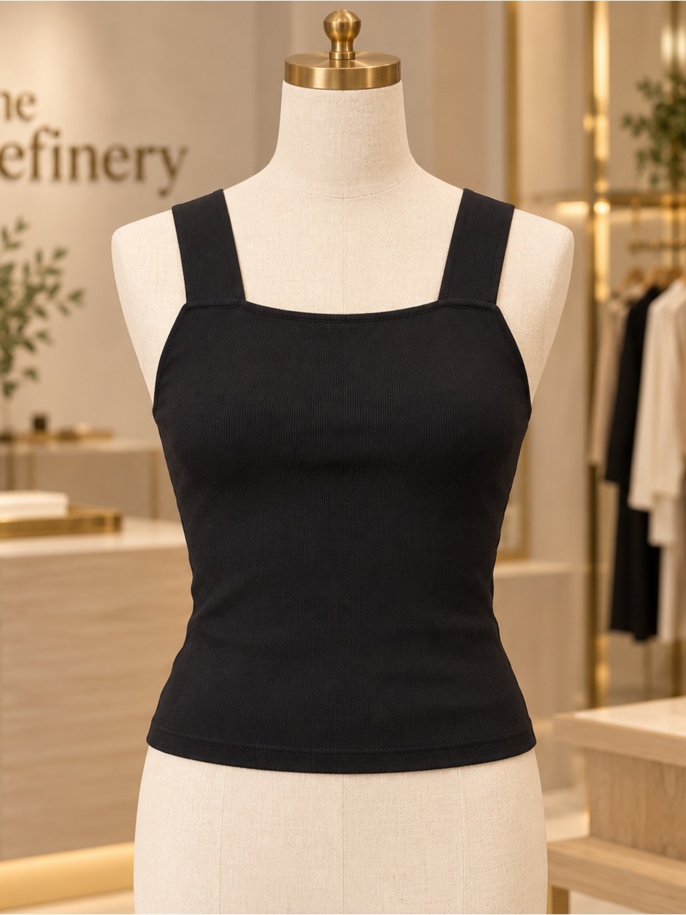 Lilla P wide strap Classic Black Square-Neck Ribbed Tank Top NWT M
